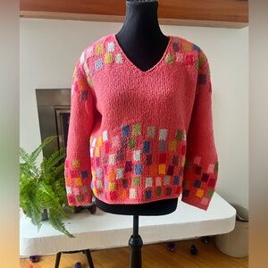 Vibrant Pink Multi-Colour Pixel Pattern V-Neck Knit Sweater